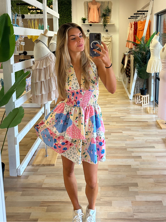 Daisy Patchwork Halter Dress - Floral